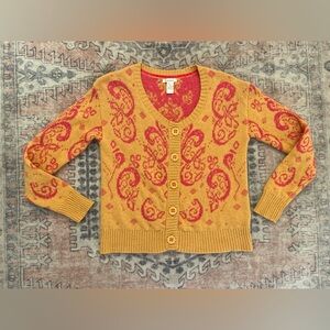 Sundance Yellow Pink Paisley Wool Boho Cottage Twee Cardigan Sweater Women Small